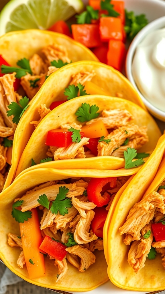 A plate of chicken tacos with corn tortillas, filled with chicken and vegetables, garnished with cilantro, served with salsa and sour cream.